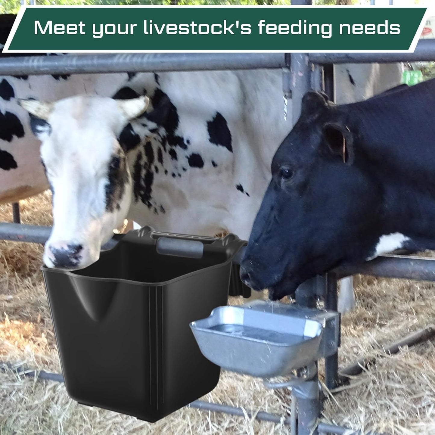 4 Pack 15 Quart Horse Feeders for Stall Hook Over Hanging Fence Hay Feeder Mountable Livestock Plastic Feed Bucket for Farm Stalls Pasture, Stable to Feed Horses Sheep Cattle Cows Etc(Black)