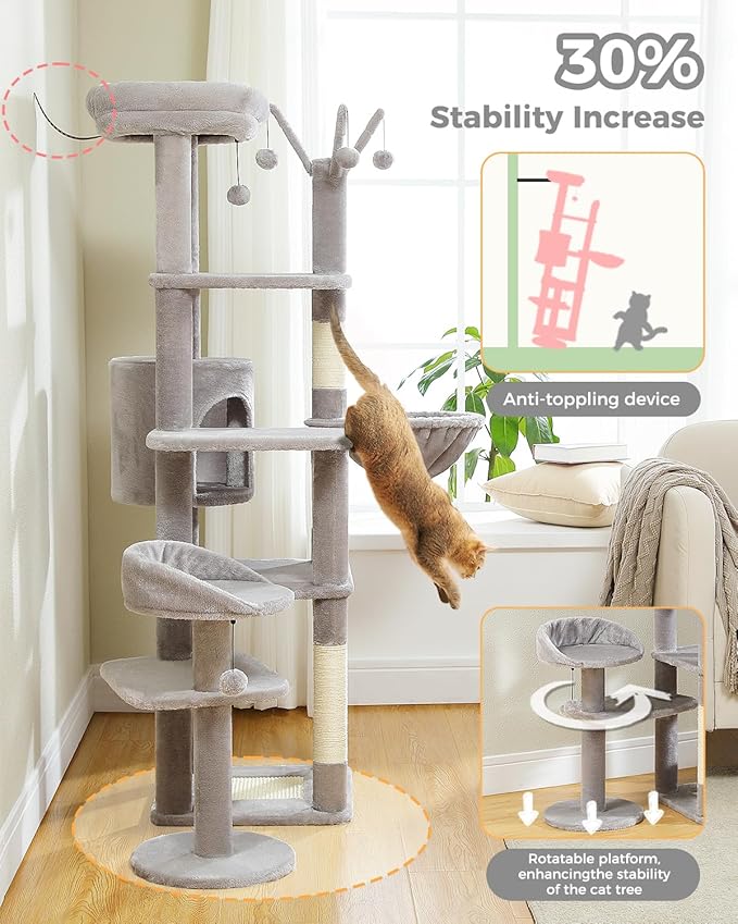 Cat Tree for Large Cats, 59-inch Tall Cat Tower with 3 Removable Pompom Sticks, Condo, Large Hammock, Scratching Post & 2 Perches, Grey