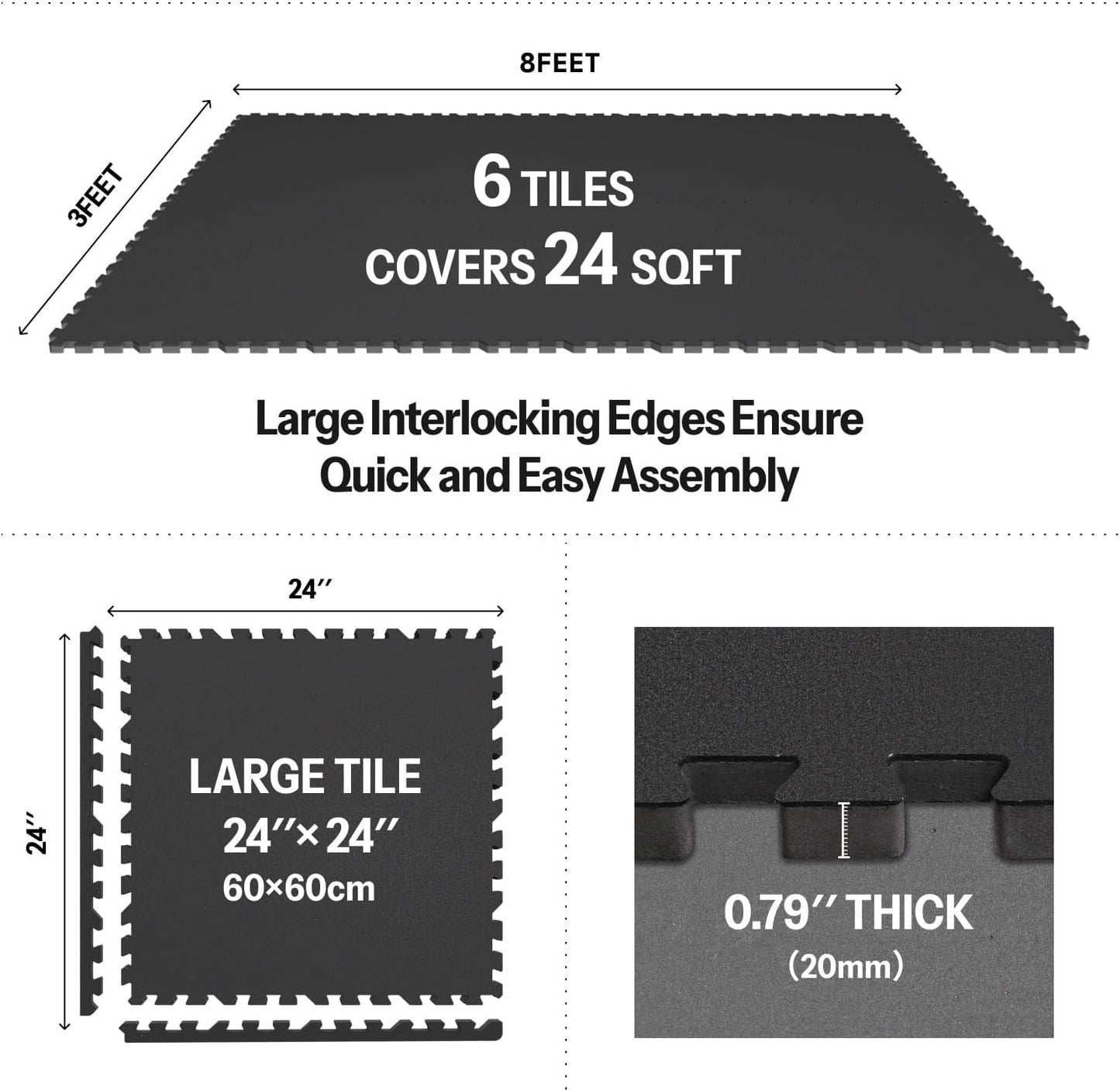 AIRHOP 0.79in Thick 24 Sq Ft Exercise Equipment Mats, 6 Tiles Upgraded Rubber Top with High Density EVA Foam, Large Interlocking Puzzle Gym Flooring for Home Gym, Heavy Weight Workout,Black