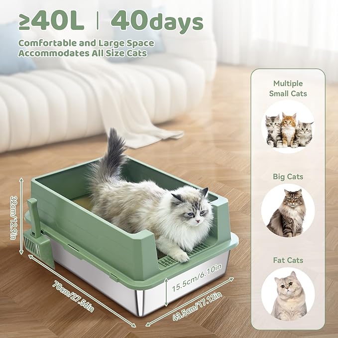 Homegroove XXXL Stainless Steel Litter Box with High Sides, 28"x20"x12" Extra Large Cat Litter Box for Big Cats, Metal Cat Litter Boxes Anti-Urine Leakage, Easy Clean (Green)