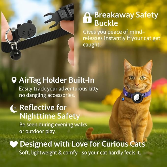 Adorable AirTag Cat Collar with Elastic, Durable Apple AirTag Holder – Lightweight, Comfortable & Adjustable Design with Breakaway Safety and Bell – Cute Choice for Girl & Boy Cats