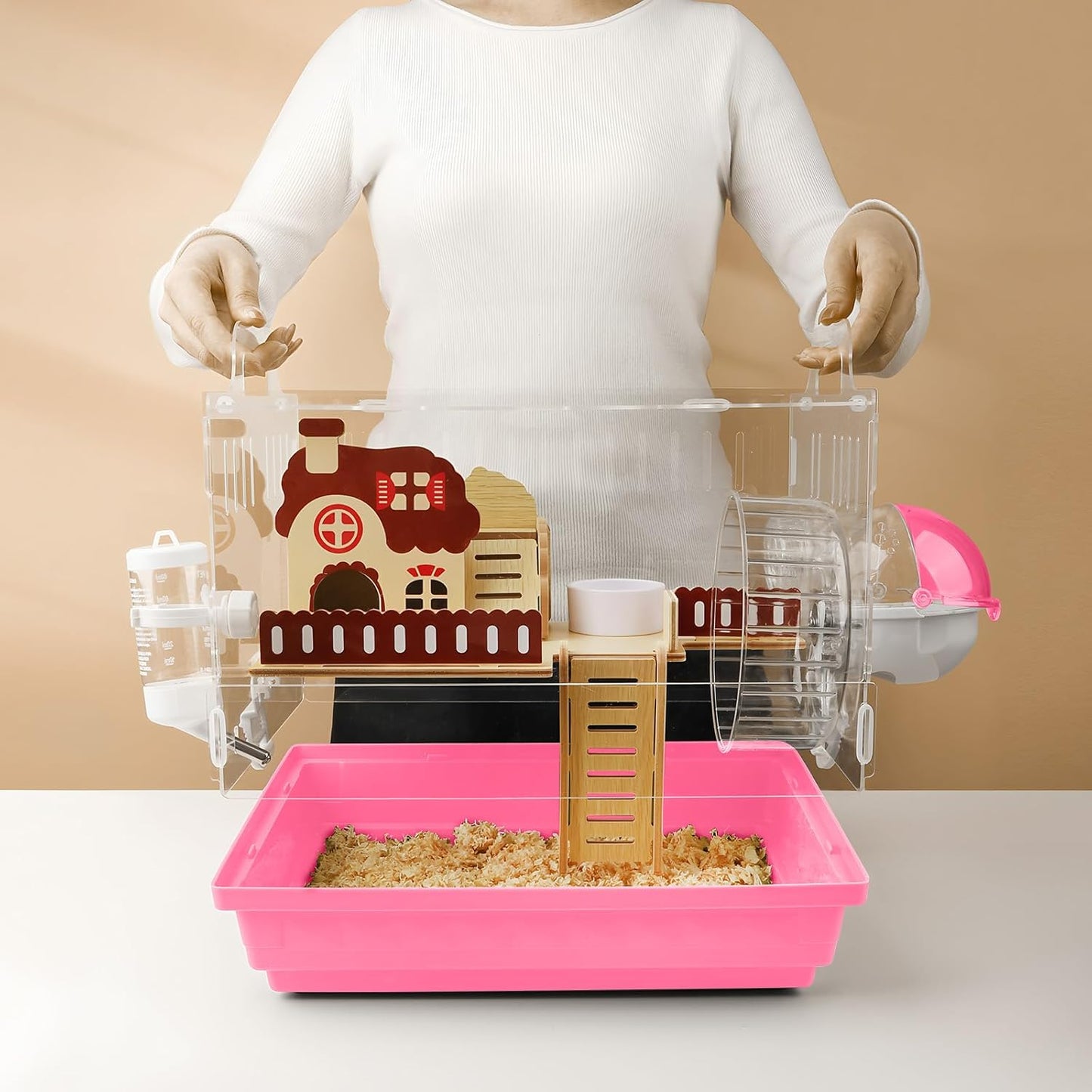 8 in 1 Clear Acrylic Hamster Cage with All Accessories,13.5''L* 10''W* 13''H Dwarf Hamster Cage,Small Hamster Habitat,Garden Style Mouse Cage for Pet Mice,Hamster Enclosure(1-Layer,Pink)