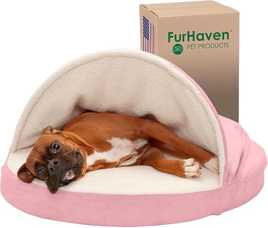 Furhaven 35" Round Memory Foam Dog Bed for Large/Medium Dogs w/ Removable Washable Cover, For Dogs Up to 50 lbs - Sherpa & Suede Snuggery - Pink, 35-inch