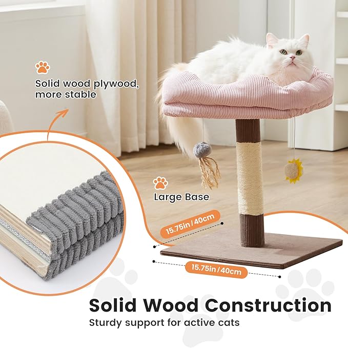 Gardner Pet 20" Cat Tree Corduroy, Solid Wood Small Cat Tree, Removable Cat Bed, Sisal Scratching Post & Hanging Toys, Stable Modern Cat Tower for Kittens & Indoor Cats (Brown, Square-Corduroy)