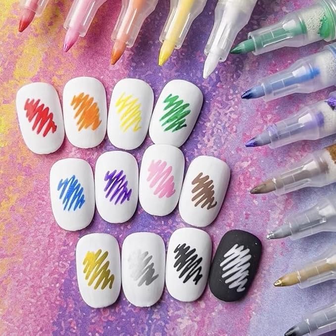 12 Colors Nail Art Pens Set, 2026 Upgraded Nail Art Markers for Kids, Quick Dry Long Lasting Nail Polish Pen, DIY 3D Drawing Dotting Painting Nails Liner Brush (1 Pcs)