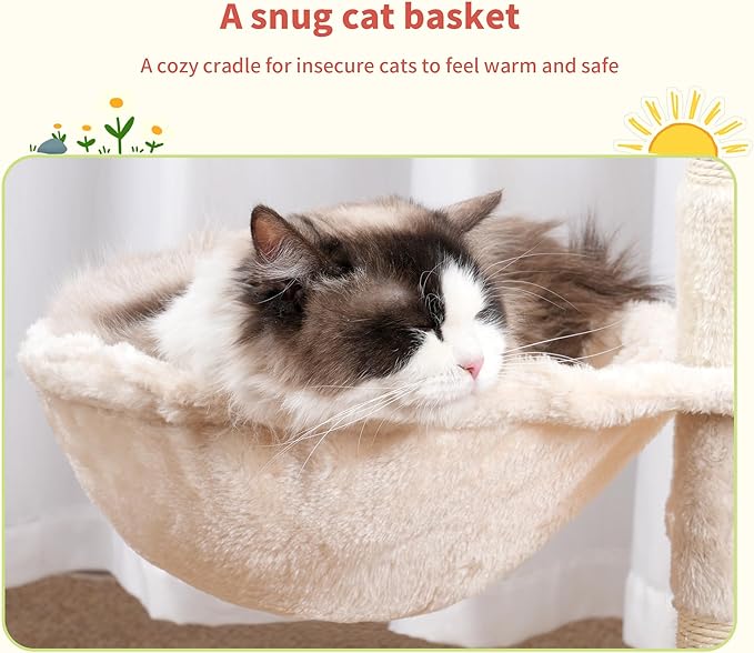 Hey-brother Cat Tree Tower, Scratching Posts with Removable Toys, Cozy Condo, Platform, Hammock, Sisal Scratch Board and Ball for Indoor Kittens, 41.3 Inches, Beige MPJ008SM