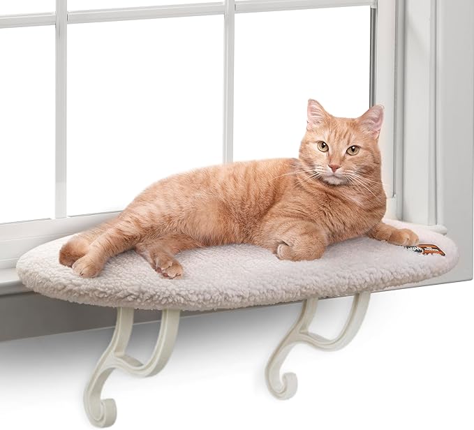 K&H Pet Products Kitty Sill Cat Window Perch for Large Cats, Orthopedic Window Hammock Bed Holds 40LBS, Washable Cover, Kitty Windowsill Bed Seat for Indoors - Cream Fleece, Unheated, 14 X 24in