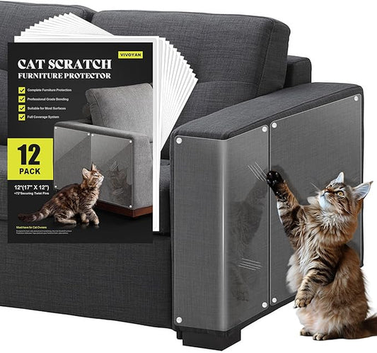 Anti Cat Scratch Furniture Protector, 12-Pack Couch Protector from Cat Claws for Sofa Corners, Walls & Doors – Heavy-Duty, Easy-to-Apply Shields with 72 Twist Pins