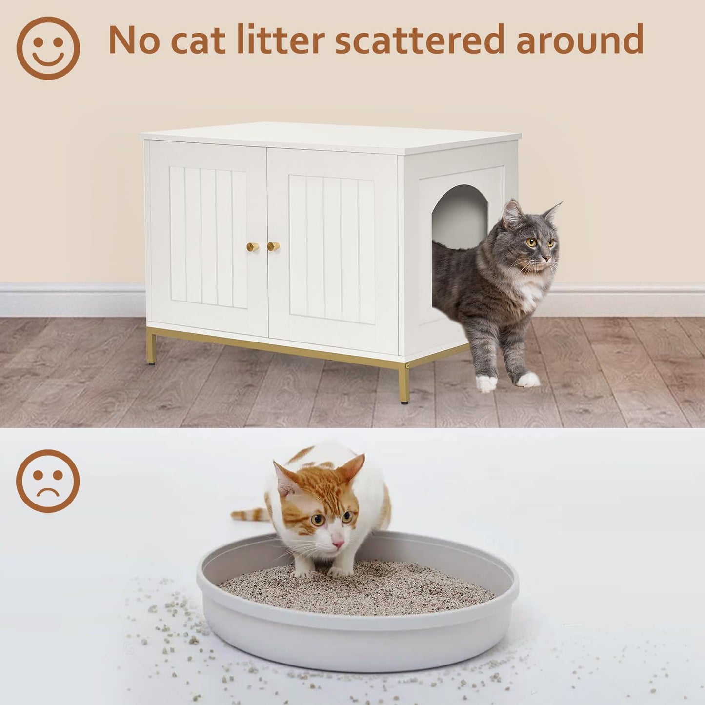 Homhedy Cat Litter Box Enclosure, Cat Washroom Furniture with Metal Frame, Pet House, Fit Most of Litter Box, Modern Style, White and Gold