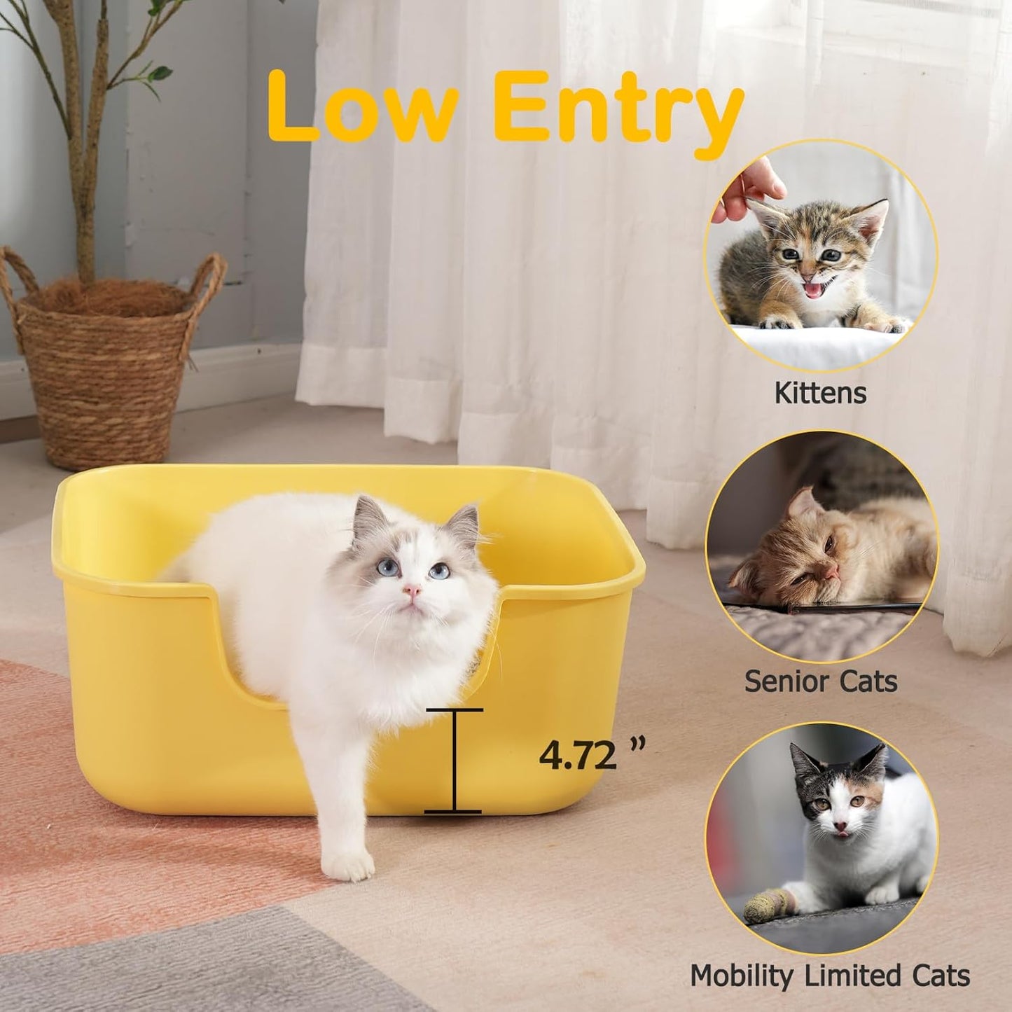 Large Cat Litter Box with High Sides,Cat Boxes for Indoor Cats,Cat Litter Pan for Kitty,Litter Box with Low Entry,Easy to Clean,Anti-Splashing (Grey)