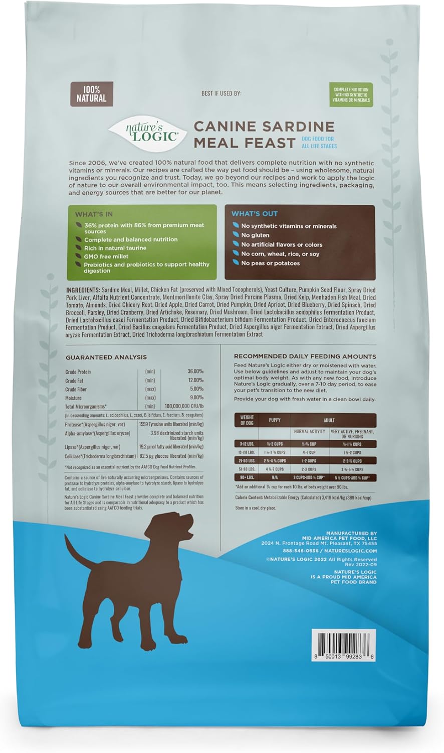 NATURE'S LOGIC Dry Dog Food - 100% Natural - No Synthetics - for All Ages, Sizes, Breeds - Free from Common Allergens, High Protein - Sardine Meal Feast, 13lbs
