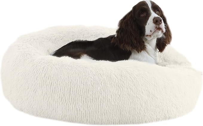 30'' inch Calming Dog Bed, Anti-Anxiety Donut Small Medium Dog Bed, Warming Cozy Soft Cute Round Washable, Marshmallow Cuddler Nest Puppy Dogs and Cats Bed, White