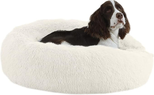 30'' inch Calming Dog Bed, Anti-Anxiety Donut Small Medium Dog Bed, Warming Cozy Soft Cute Round Washable, Marshmallow Cuddler Nest Puppy Dogs and Cats Bed, White