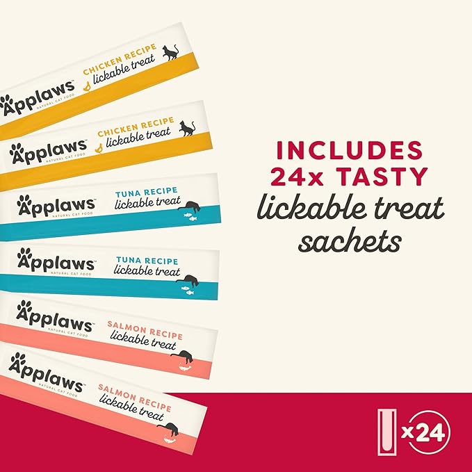 Applaws Lickable Cat Treats, Natural Grain-Free Purée, Made with Limited and Natural Ingredients, No Artificial Additives, Chicken & Tuna Squeeze Up Cat Treats (24 x 0.5 oz Sachets)