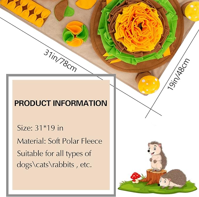 Pet Snuffle Mat for Dogs Hedgehog Puzzle Toy Large Sniffing Mat with Squeaky Mushrooms Portable Indoor/Outdoor Digging Mat for Foraging Skills & Stress Relief