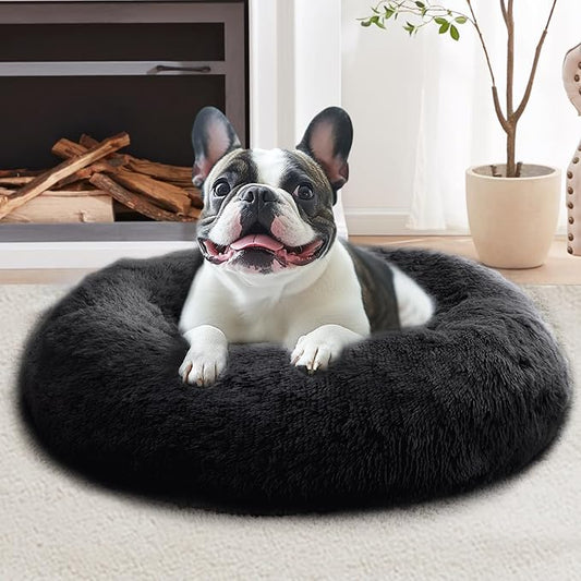 JOLLYVOGUE Small Dog & Cat Beds for Indoor Cats, Donut Cuddler Warming Soft Dog Beds with Anti-Slip Bottom, Round Calming Fluffy Plush Faux Fur Cushion Bed for Small Dogs (20", Black)