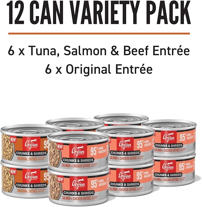 ORIJEN Chunks & Shreds Wet Cat Food Variety Pack: Original + Salmon & Chicken Entrées 3oz Cans (12 Count, 6 of Each)