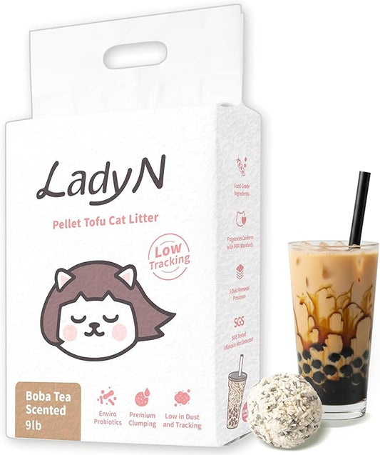 Lady N Pellet Tofu Cat Litter Boba Tea Scent, Strong Clumping, Ultra Absorbent, Dust-Free, Low Tracking, Water-Soluble, Natural Ingredients, Enviro-Probiotic Odor Control 9lb