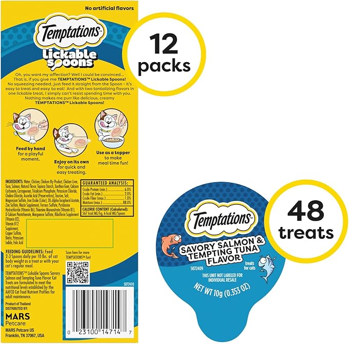 Temptations Lickable Spoons Adult Wet Cat Treat, Savory Salmon and Tempting Tuna Flavor, 4 Spoons, Pack of 12 (48 Total Treats)