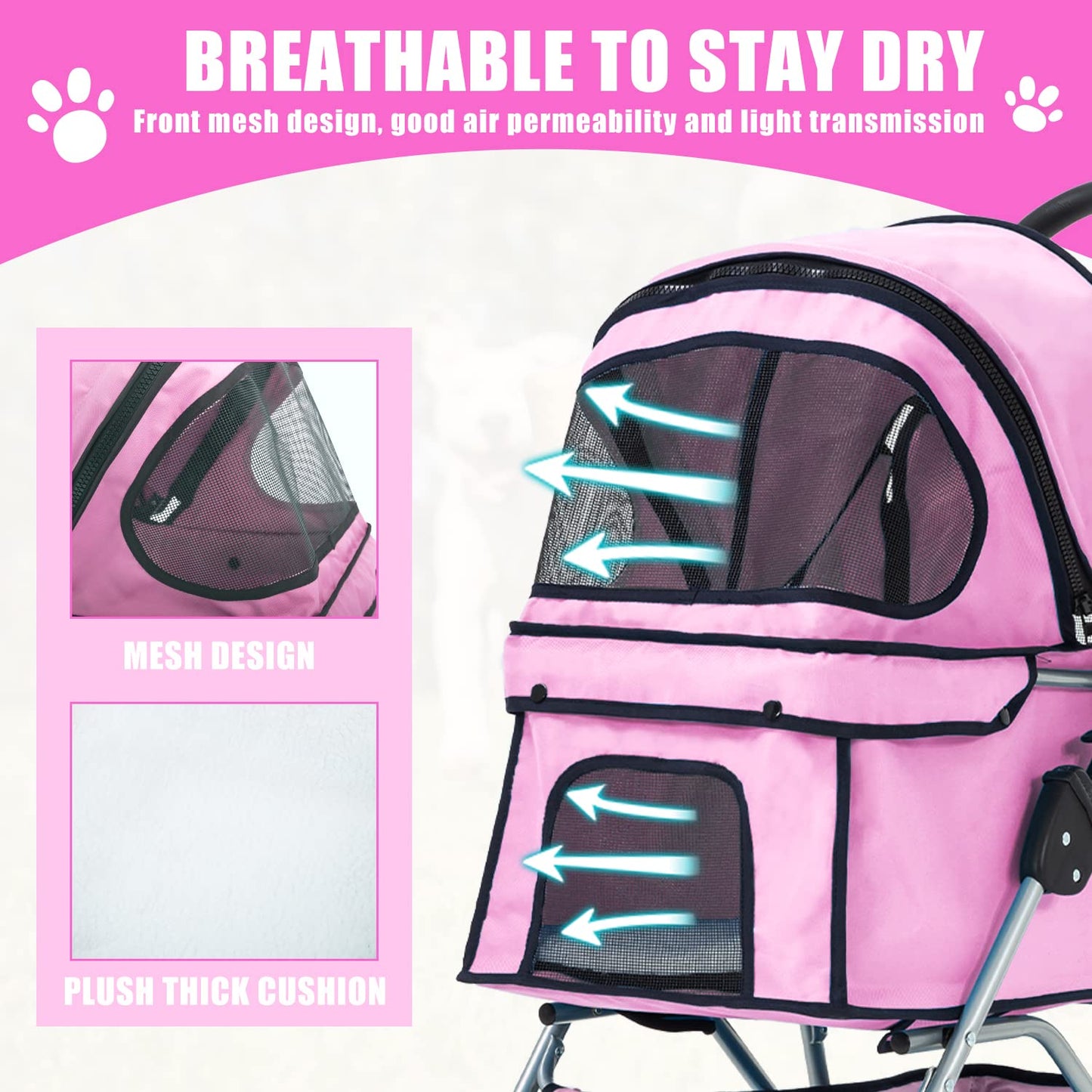 Dog Stroller, Folding 4 Wheels Pet Stroller for Small Medium Dog Cat Travel Carrier with Weather Cover Storage Basket Cup Holders Pink
