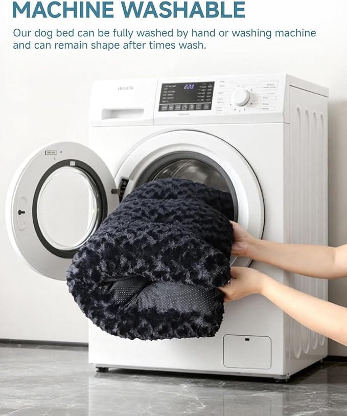 KSIIA Washable Dog Bed Anti-Slip Dog Crate Beds Deluxe Plush Kennel Pad Comfy Pet Sleeping Mat for Large Dogs, 35" x 23", Black