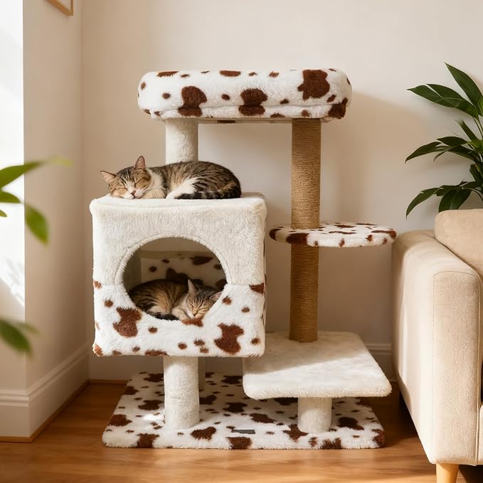 PETSITE 30 Inches Small Cat Tree, Unique Cow Print Modern Cat Tree with Jute Scratching Posts, Comfy 2-Door Condo, Soft Upholstered Top Perch, Multiple Jumping Platforms, Ideal for Indoor Cats