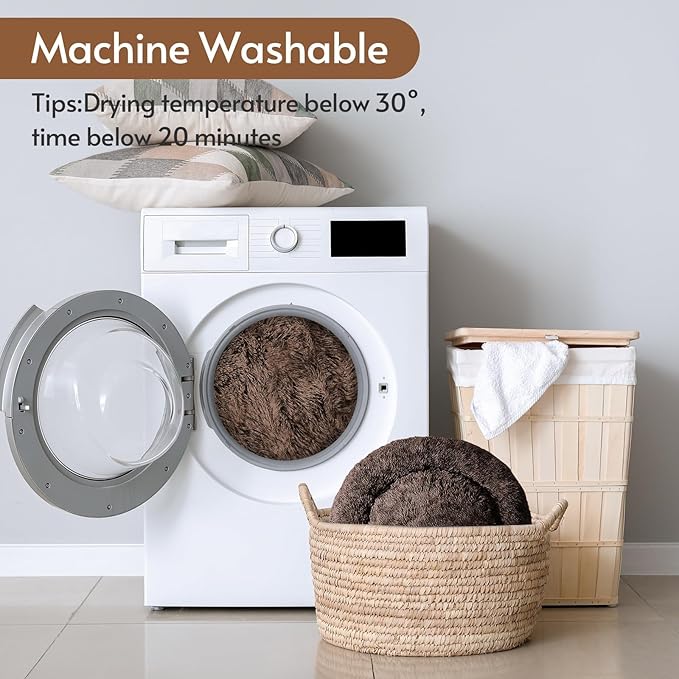 JOLLYVOGUE Small Dog & Cat Beds for Indoor Cats, Donut Cuddler Warming Soft Dog Beds with Anti-Slip Bottom, Round Calming Fluffy Plush Faux Fur Cushion Bed for Small Dogs (23", Coffee)