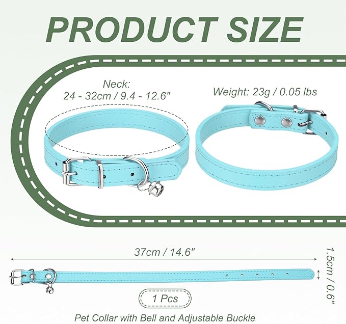 Dog Collar with Bell, Pu Leather Cat Collars Pet Basic Soft Padded Adjustable Buckle, 14.5" (Sky Blue, 1 Pcs), Intended for Teacup/Little Dog/Kitten Cats/Small Animals