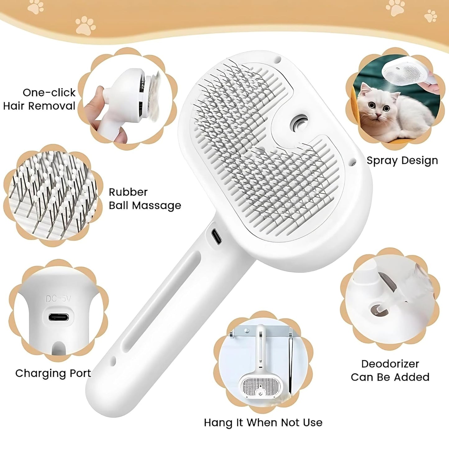4 in 1 Cat Steam Brush: steam brush for cats, Grooming, Shedding, Mist Spray, Hair Removal Comb & Massager, USB Rechargeable Self Cleaning cat steam brushes for indoor cats - White