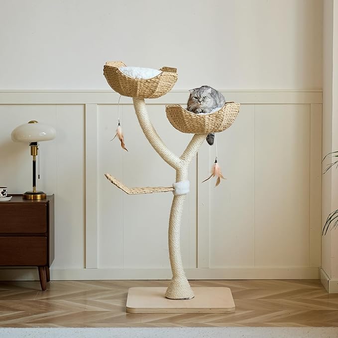 51" Tall Modern Luxury Cat Tree Tower Cat Scratching Post with Handwoven Baskests for Multiple Cats Furniture for Cat Lover Gifts(51" Natural)