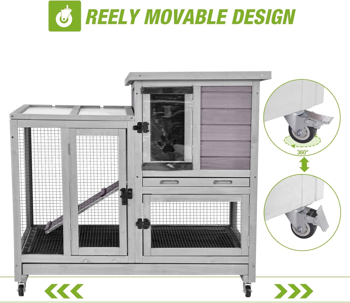 2-Story Rabbit Hutch Indoor Bunny Cage Outdoor Guinea Pig House with Wire Mesh Floor, Leak-Proof Trays, Lockable Wheels for Rabbits, Guinea Pigs, 40.6" L x 26" W x 37.6" H