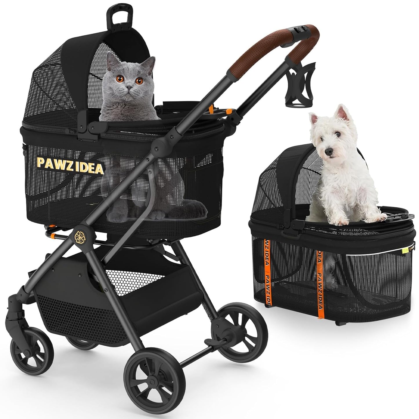 PAWZIDEA Dog Stroller 4 in 1, Pet Stroller for Cats with Detachable Carrier for Small/Medium Dogs/Cats, Seatbelt Car Seat Combo, Cozy House, Foldable & Lightweight Jogger Strollers, Storage Basket