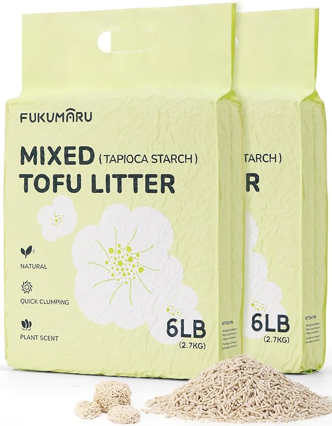 FUKUMARU Tofu Cat Litter, 12lb Fast Clumping & Odor Control, Gardenia Scent, Natural Bean Dregs & Cassava Starch, Dust-Free, Flushable, Low Tracking, Ultra Absorbent, Lightweight, 6lb x 2 Bags
