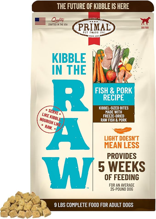 Primal Kibble in The Raw, Freeze Dried Dog Food, Fish & Pork, Scoop & Serve, Made with Raw Protein, Whole Ingredient Nutrition, Crafted in The USA, Dry Dog Food 9 lb Bag