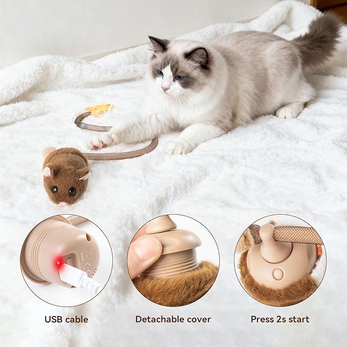 Migipaws Interactive MigiMouse Cat Toy 360° Rolling & Spin with Wiggling Tail for Indoor Cats Smart Motion Sensor, Realistic Squeak, Rechargeable Plush Kitten Toy (Brown)