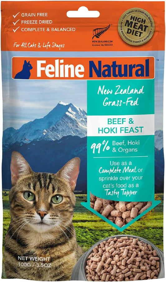 Feline Natural High Protein Dry Cat Food, Freeze-Dried Diet with 98% Meat, Organs & Seafood, No Peas, Grains, or Artificial Additives, Made in New Zealand Beef & Hoki, 3.5oz