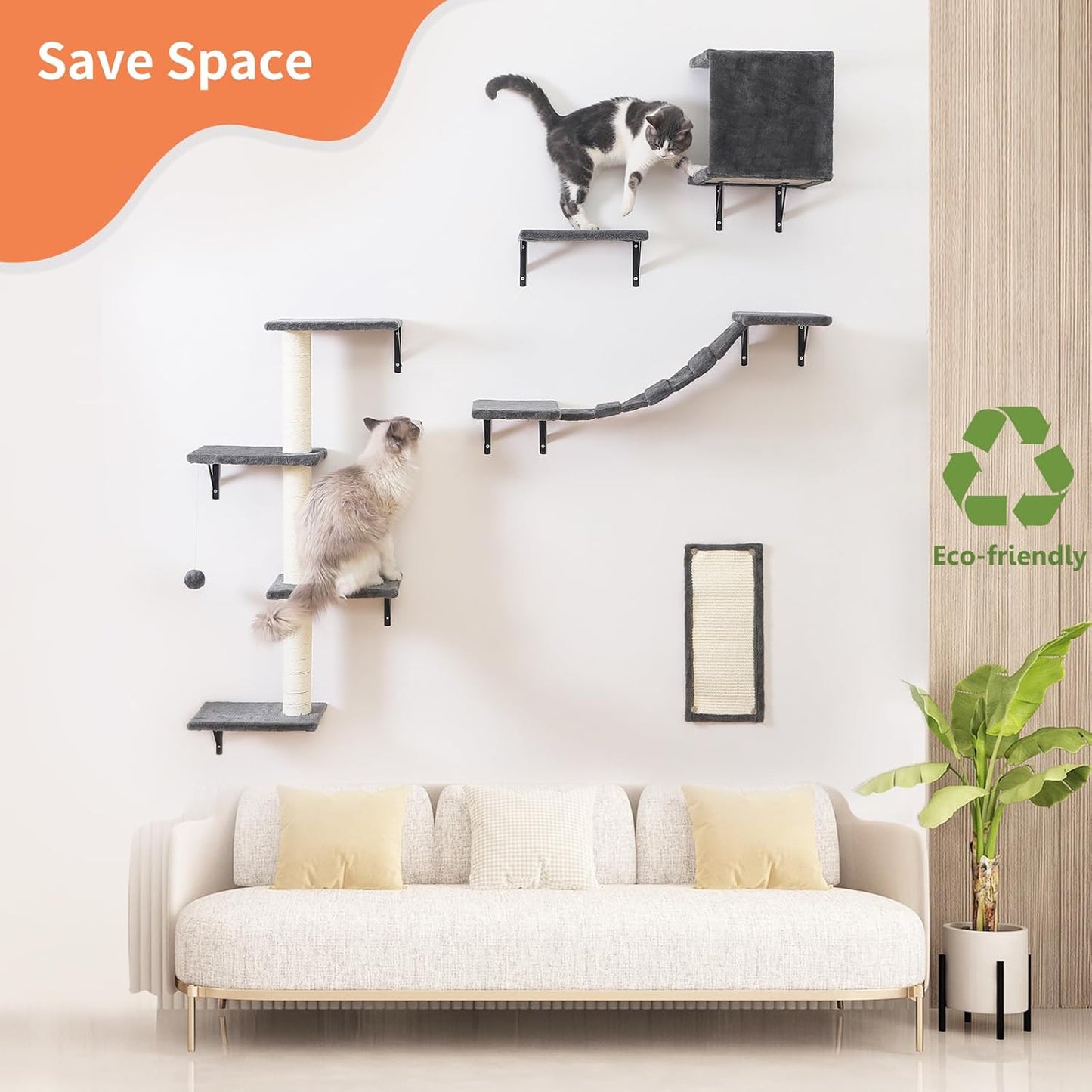 Modern Wall-Mounted Cat Furniture - 5pcs Cat Wall Shelves, Wooden Climber Includes House, Bridge, Tree, Steps, and Scratcher (Gray)