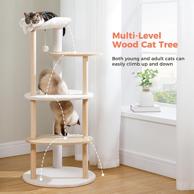 49” Wood Cat Tree Tower for Indoor Cats, 5-Level Modern Cat Tower with Curved Top Perch, Fully Cotton Scratching Posts & Natural Wood Posts, Cat Furniture with Interactive Dangling Ball, Beige