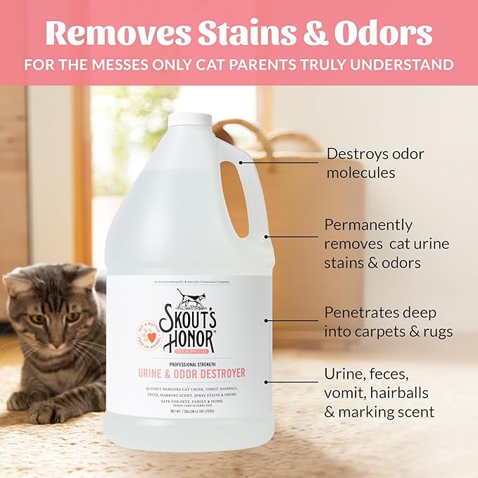 Skout's Honor Cat Urine & Odor Destroyer - Professional Strength, Plant-Powered, Cruelty-Free Urine Eliminator for Carpets and Indoor Living Spaces, 128 oz.