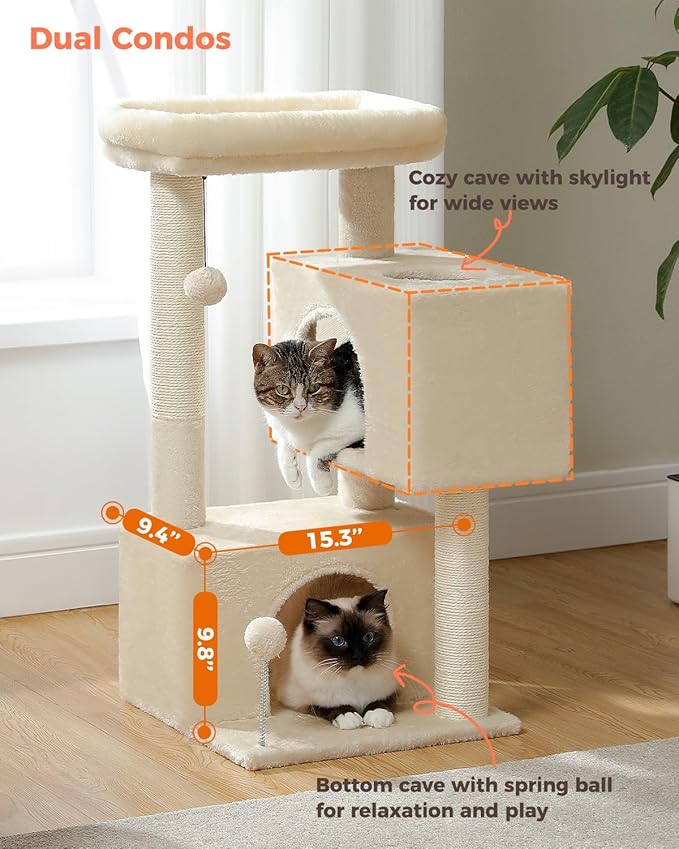32" Cat Tree Tower for Indoor Cats - 2 Cozy Condos, Multi-Level Cat Scratching Posts with Sisal, Soft Padded Perch, 2 Dangling Toys, Beige