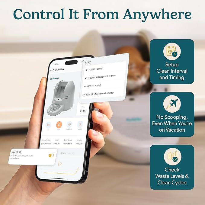 Petcove Self Cleaning Automatic Litter Box for Multi Cat - XL 65L Drum/Ultra Quiet 30-35dB Operation / 5 Safety Sensors/Easy App Control with Ultra Fast 5 GHz WiFi - Includes Ramp & 15 Litter Bags