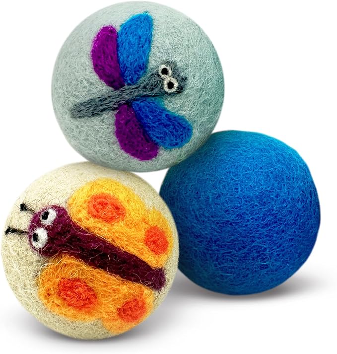 Hustle & Blush Wool Felt Balls - 3 Pack Love Ewe Pet Supplies – 2in Colorful & Durable Cat Toys Handmade from New Zealand, Ideal for Indoor Play and Mental Stimulation – Dragonfly & Butterfly Design