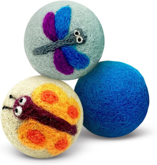 Hustle & Blush Wool Felt Balls - 3 Pack Love Ewe Pet Supplies – 2in Colorful & Durable Cat Toys Handmade from New Zealand, Ideal for Indoor Play and Mental Stimulation – Dragonfly & Butterfly Design