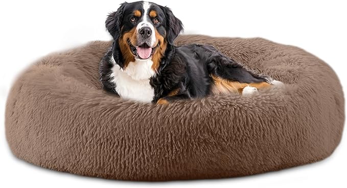 46'' inch Calming Dog Bed, Plush Anti-Anxiety Donut Dog Bed for Large Dogs, Warming Cozy Soft Cute Round Washable, Marshmallow Cuddler Nest Pet Bed, Brown