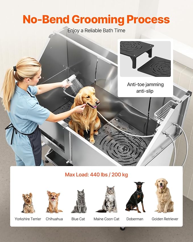 VEVOR Stainless Steel Dog Washing Station, Professional 62 inch Pet Grooming Tub w/Stairs, PE Water Filter Board, Faucet & Showerhead & Soap Holder Bathtub for Large & Medium & Small Pets (Left Door)