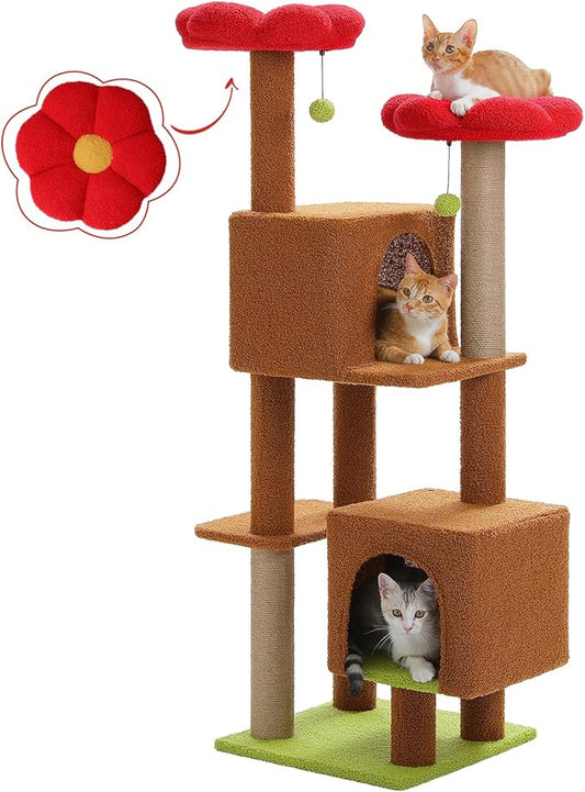 52.4" Cat Tree for Indoor Cats, Multi-Level Cat Tower with 2 Flower Perches, 2 Cozy Condos & Sisal Scratching Posts, Stylish Kitty Climbing Furniture Playhouse for Adult Cats, Brown/Red