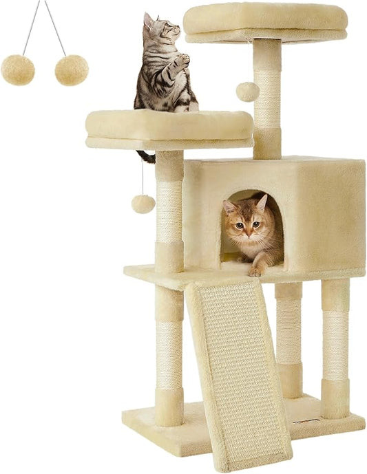 Feandrea Cat Tower, 45.3-Inch Cat Condo with Scratching Post, Ramp, Perch, Spacious Cat Cave, for Kittens, Elderly Cats, Adult Cats, Small Space, Beige UPCT141M01