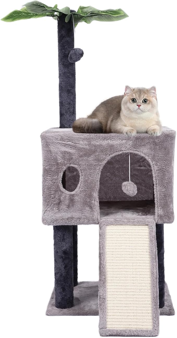 41″ Cat Tree for Indoor Cats Furniture, Cat Tower with Scratching Board and Save Space, Modern Activity House for Large Cats, Condo with Ball Toys, Kittens Cave, Cat's nest, Light Grey