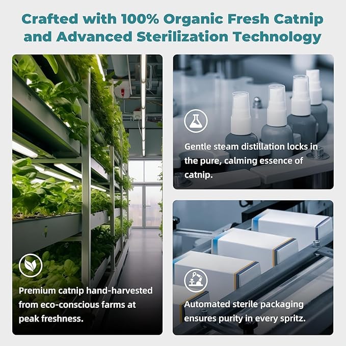 Catnip Spray for Cats - Highly Potent for Energizing Play & Toy Renewal, Calming Stress Relief for Indoor Cats, 100% Natural Organic Catnip, Mess-Free Herbal Formula (2 fl.oz)