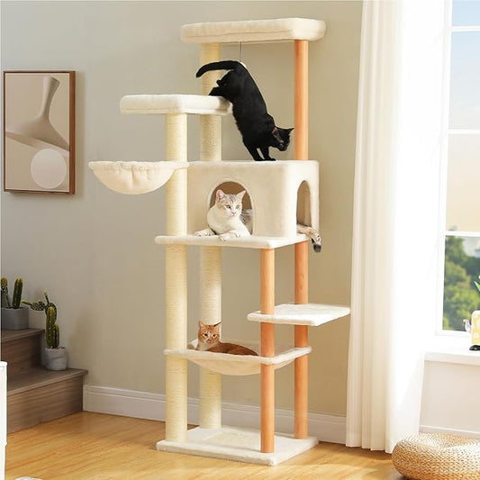 73" Tall Cat Tree for Large Cats, Wooden Cat Tower with Fully Sisal Covered Scratching Posts and Solid Wood Posts, Modern Cat Furniture with 2 Spacious Perch and Cozy Condo Beige